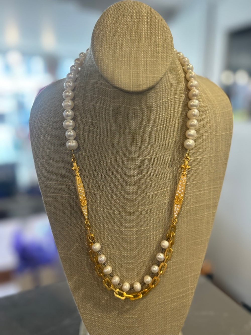 24K gold clad Chain and FreshwaterWhite Pearl Layered Necklace by French Kande - Picture 2 of 8